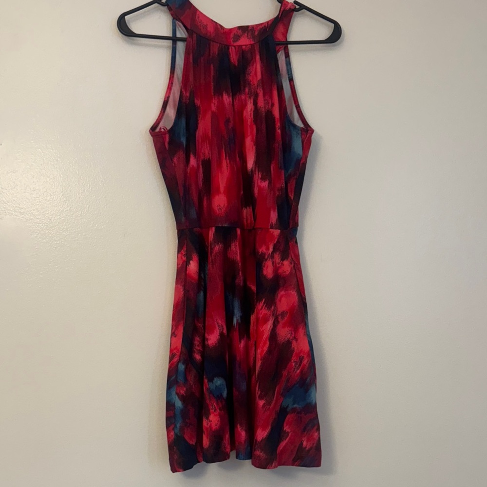 nine britton Red & Blue Sleeveless Halter Mini Dress